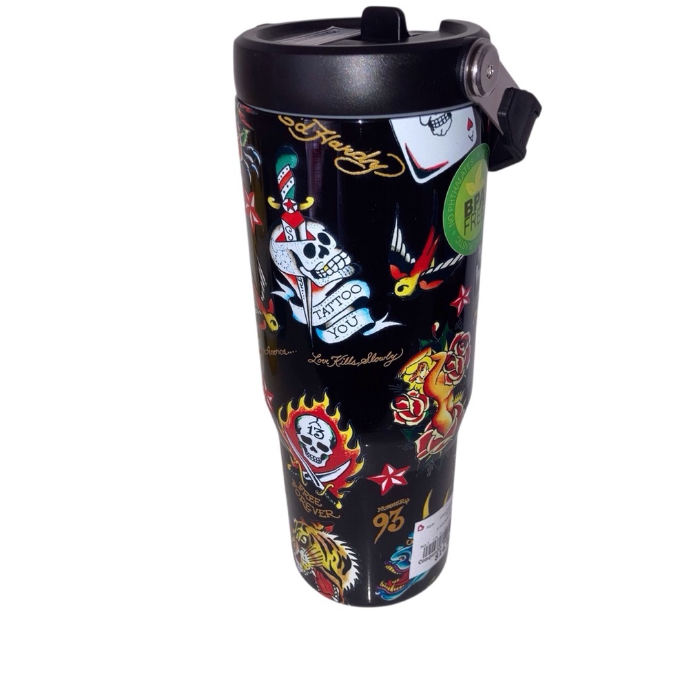 Ed Hardy Black Tumbler with Tattoo Designs NEW